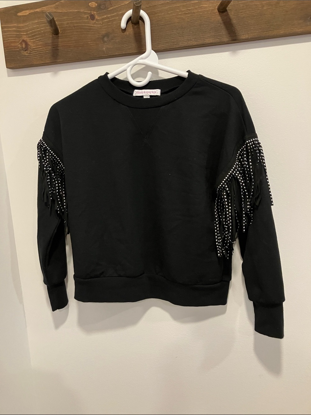 Blank NYC Black Crewneck Sweatshirt with Studded Fringe